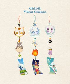 an advertisement for wind chime featuring cartoon characters hanging from the top of their heads