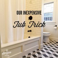 a bathroom with a black and white checkered floor, shower curtain, and tub