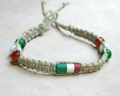 Hemp Bracelet with Italian Flag Beads - sunnybeachjewelry Beaded Bracelet Ideas, Flag Beads, Flag Bracelet, Fimo Beads, Hemp Bracelet, Beaded Jewelry Bracelets, Diy Beaded Bracelets, Hemp Jewelry, Hemp Necklace