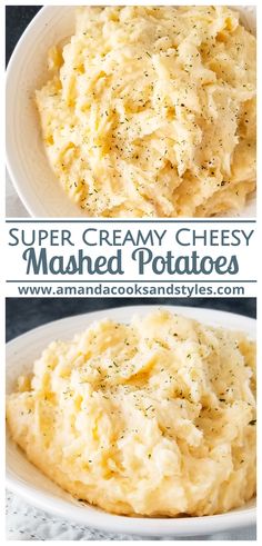 mashed potatoes in a white bowl with the words super creamy cheesy mashed potatoes