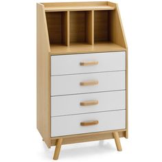 a white and wood dresser with drawers on it's sides, against a white background