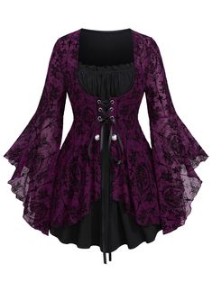 PRICES MAY VARY. Featurel--Gothic style, square neck, lace-up, costume top, long sleeves, ruffles, colorblock, flower print, two tone, buttons Matching--This gothic top can be worn not only with jeans, flares, shorts, and skirts. as everyday fashionable wear but also with hats, necklaces, boots, etc. as a vampire role-play on Halloween. Also, a Renaissance costume or carnival costume is also a good option. Occasions--This long sleeves tee is suitable for daily, halloween witch costume, Renaissan Outfits Goth, Emo Shirt, Medieval Shirt, Retro Steampunk, Plus Size Flare, Punk Shirt, Gothic Tops, Gothic Shirts, Grunge Shirt