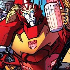 an animated image of a red and yellow robot holding a drink in his right hand