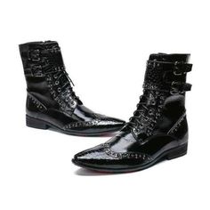 (eBay) Find many great new & used options and get the best deals for Mens Fashion Punk Rivet Buckle Strap Pointy Toe High Top Boots Real Leather Shoe at the best online prices at eBay! Free shipping for many products! Mens Fashion Punk, High Top Boots, Mens Cowboy, Chic Shoes, Court Shoes, Mens Casual Shoes, All Black Sneakers, High Top, Real Leather