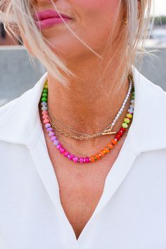 Rainbow Necklace Luxe - Rainbow Gemstone Luxury Multicolor Summer Jewelry, Cheap Multicolor Natural Stones Necklace, Affordable Rainbow Polished Beads Jewelry, Affordable Colorful Vacation Necklaces, Elegant Luxury Multicolor Necklaces, Cheap Rainbow Beaded Jewelry, Cheap Multicolor Strand Jewelry, Luxury Multicolor Necklace For Statement Piece, Luxury Multicolor Celebration Necklaces