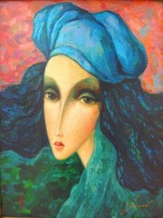 a painting of a woman wearing a blue headdress with her hair blowing in the wind