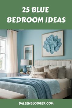 a bedroom with blue walls and white bedspread in the center is an image of a