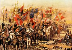 a painting of men on horses holding flags