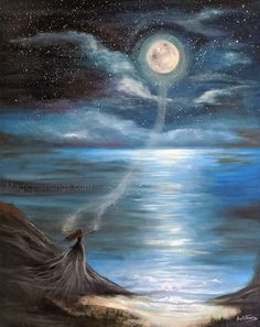 an acrylic painting of a woman looking at the stars and moon in the sky