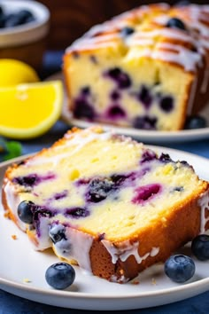 a slice of lemon blueberry bread on a plate