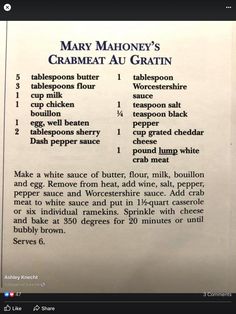 a recipe for mary mahone's crabmeat au gratin is shown