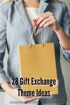 a woman holding a shopping bag with the words, 28 gift exchange theme ideas