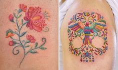 two different tattoos with flowers on them