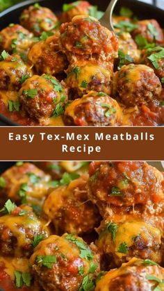 meatballs in a skillet with cheese and parsley on top, and the words easy tex - mex meatballs recipe below