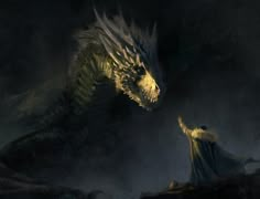 a man standing next to a dragon in the dark