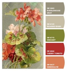 a vase filled with lots of flowers next to a color swatch in shades of red, orange and green