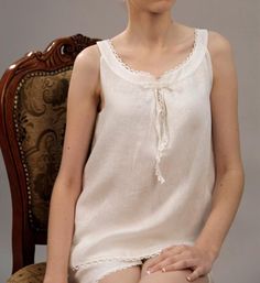 "PLEASE NOTE, this listing is only for the top, not a set - shorts and top. Top sleeveless and with round straps-formed yokes in front and back, rounded side bottoms. Widening to bottom - A line shape top - more playfull and suitable for your important occasions. Pure linen laces at the top of yokes and at bottom - also tie on front from linen lace. Item is created in complet with linen shorts item from my shop: www.etsy.com/listing/106993483/pure-linen-sleep-shorts-for-woman? On picture model w Linen Pajama Set, Linen Gown, Linen Sleepwear, Luxury Pajamas, Luxury Sleepwear, White Pajamas, Bridesmaid Pyjamas, Linen Pajamas, Sleeveless Gown