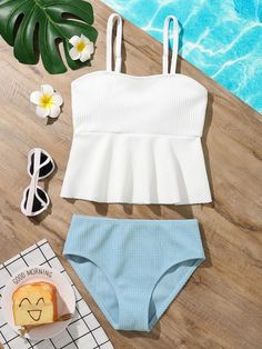 Tween Girl Color Block Ruffle Hem Bikini Swimsuit | SHEIN USA One Peice Bathing Suits, Sister Outfits, Cute Preppy Outfits