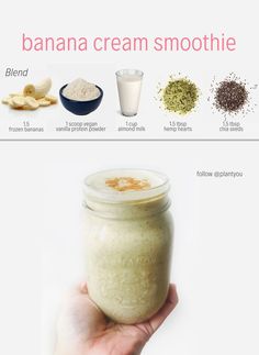 a hand holding up a jar filled with banana cream smoothie and ingredients to make it