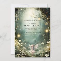 a birthday party card with an image of a fairy in the woods and flowers on it