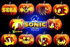 some pumpkins that have been carved to look like sonic the hedgehog and other characters