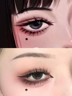 Tomie Eye Makeup, Drawn On Bottom Lashes, Eyeliner Anime, Tomie Eyes, Tomie Make Up Tutorial, Tomie Cosplay Outfit, Korean Eyes Draw Tutorial, Tomie Makeup Tutorial