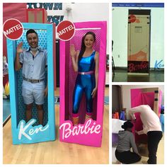 two people are standing in front of some fake barbie dolls and posing for pictures with them