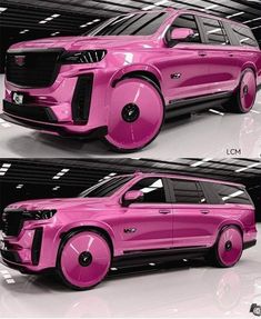 the pink suv is parked in front of another vehicle with black rims and wheels