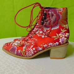 Nwot Red Silky Flock, Embroidered Tapestry Like Short Round Toe Boots With Wood Heel. Slip Om So Classy And Beautiful. Boho, Bohemian, Festival & Cottage Core Style Boots Has Eyelets And Motorcycle Hooks To Lace Up Chunky Wood Heel. Size 38 Us Sizes Euro Sizes Cm 7.5 38 23.8 Embroidered Tapestry, Cottage Core Style, Round Toe Boots, Bohemian Festival, Wood Heel, Rounded Toe Boots, Style Boots, Toe Boots, Cottage Core