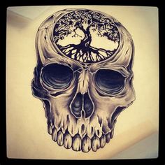 a drawing of a skull with a tree on it