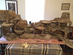 an assortment of rock formations displayed on a table in a room with a checkered table cloth