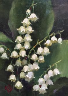 a painting of white flowers on a green leafy branch with leaves in the background