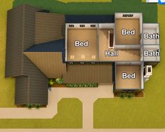 an overhead view of a house with three bedroom and two bath areas on the second floor