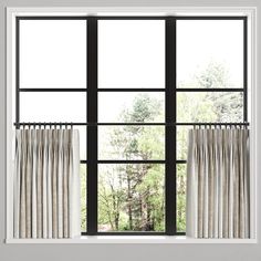 an open window with curtains and trees in the background