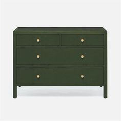 a green chest of drawers with gold knobs on the top and bottom, against a white background