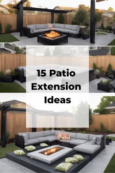 15 patio extension ideas with comfortable seating and a fire pit in a modern outdoor space. Contemporary Patio Ideas, Attached Patio Ideas, Converting Patio To Living Space, Convert Patio To Living Space, Extend Patio Ideas, Patio Renovation, End Of Terrace Extension, Expand Backyard Patio