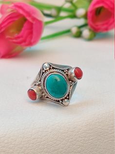 Turquoise And Coral Ring-925 Sterling Silver Ring-Natural Coral Turquoise Gemstone-Statement Handmade Ring-Designer Ring-Adjustable Ring-R15 About Item ; Materiel : 925 Sterling Silver Stone : Natural Turquoise And Coral   Weight :  50 Carat  Approx. Ring Size : Adjustable: Payment Policy  We Accept The Payment Vie  PayPal Only : Thanks For Visit Our Shop  JewelsGalleryShop Artisan Turquoise Open Ring As Gift, Artisan Turquoise Open Ring For Gift, Artisan Turquoise Open Ring Gift, Handmade Turquoise Toe Ring As Gift, Handmade Turquoise Toe Ring For Gift, Artisan Turquoise Open Ring, Traditional Oval Turquoise Ring, Spiritual Turquoise Ring With Natural Stones, Traditional Adjustable Turquoise Ring For Gift