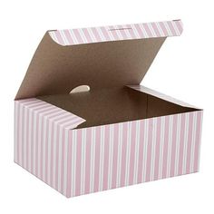 an open pink and white striped box on a white background