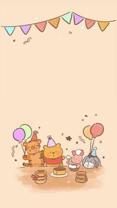 winnie the pooh wallpaper with balloons and other items in front of an orange background