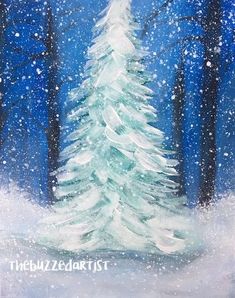 a painting of a white christmas tree in the middle of a snowy forest with blue sky