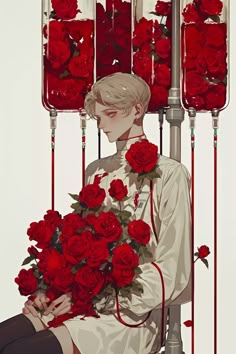 a person sitting on a chair with red roses in front of him and the light behind them