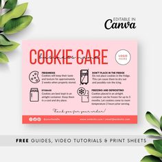 the cookie care guide is displayed on a white background with green leaves