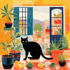 a black cat sitting in front of a window next to potted plants and lemons