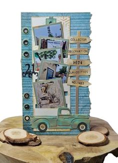 a wooden table topped with a piece of wood covered in pictures and magnets on it