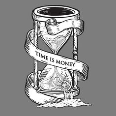 an hourglass with the words time is money on it and a ribbon around it