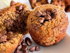 chocolate chip muffins cut in half on a plate