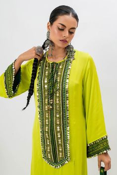 Green kurta featuring hand embroidered ajrakh patch yoke in front. Paired with pants with boho detailing on the hem., Fit: Relaxed Long Kurta, Potli Bag, Potli Bags, Women Kurta, Satin Color, Straight Kurta, Green Satin, Pant Set, Set For Women