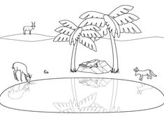 a drawing of an island with palm trees and animals