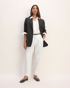 A tailored look. Our Way-High family is growing. Featuring a tapered leg, ankle length, The Draper Tapered Pant in Buttersmooth has a non-stretch waistband (we suggest sizing up if you prefer more ease here), an extra-high rise, two side pockets, and a flattering pleat detail. Complete the look with The Oversized Blazer in Buttersmooth. Talk about a tailored look. Spring Workwear Tapered Leg Dress Pants, Spring Workwear Dress Pants With Tapered Leg, Spring Tapered Leg Dress Pants For Workwear, Tapered Leg Pants With Welt Pockets For Daywear, White Tapered Leg Dress Pants With Welt Pockets, Versatile Tapered Leg Dress Pants For Spring, Classic Office Pants For Spring, Classic Business Pants For Spring, Classic Spring Workwear Dress Pants