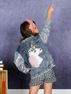 Sequin Denim Jacket, Unicorn Applique, Denim Jacket Embroidery, Unicorn Patch, Jean Jacket Patches, Jean Jacket For Girls, Long Sleeve Denim Jacket, Sequin Sleeve, Distressed Denim Jacket